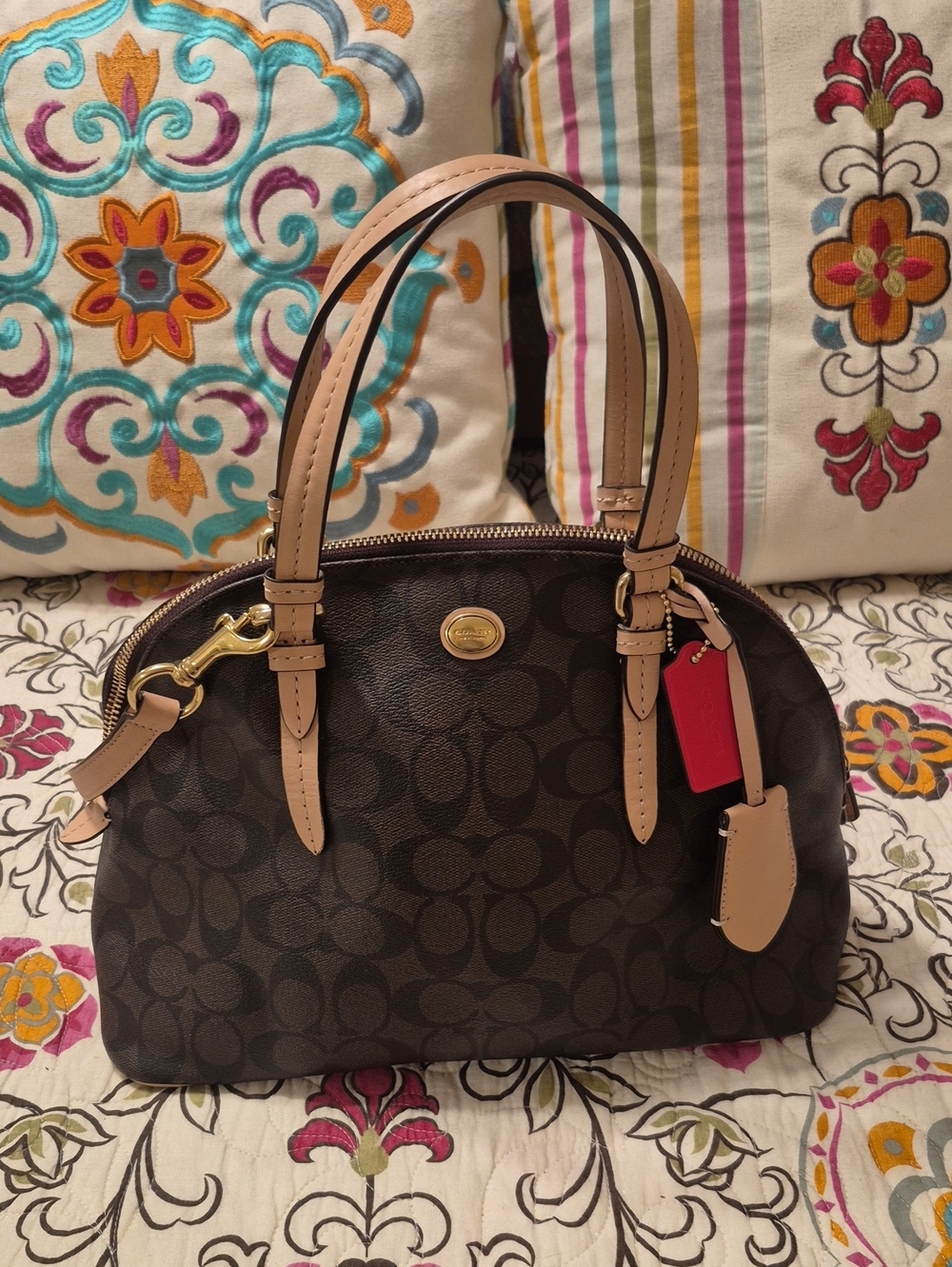 Coach Peyton Signature Cora Dome Satchel with Tan Handles and Red Tag